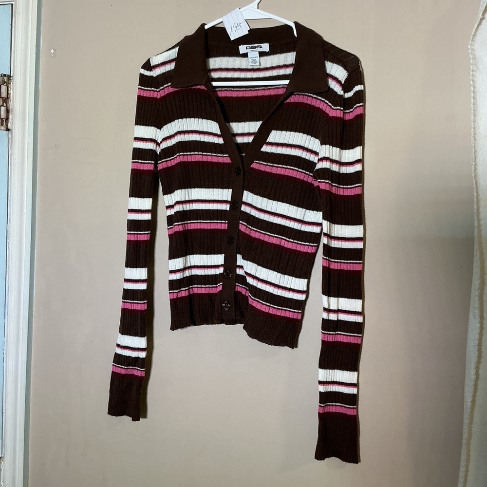 RSQ Brown, Pink, and White Striped Cardigan